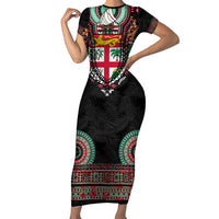 Fiji Coat of Arms Traditional Dashiki Family Matching Short Sleeve Bodycon Dress and Hawaiian Shirt Tapa Art and Palm Leaves Pattern Black Color LT03 Mom's Dress Black - Polynesian Pride
