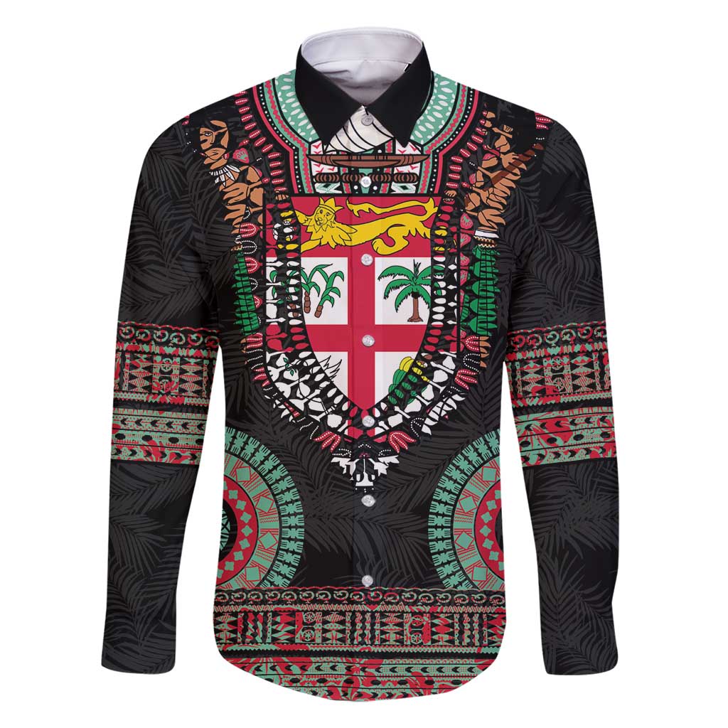 Fiji Coat of Arms Traditional Dashiki Family Matching Summer Maxi Dress and Hawaiian Shirt Tapa Art and Palm Leaves Pattern Black Color LT03 Dad's Shirt - Long Sleeve Black - Polynesian Pride