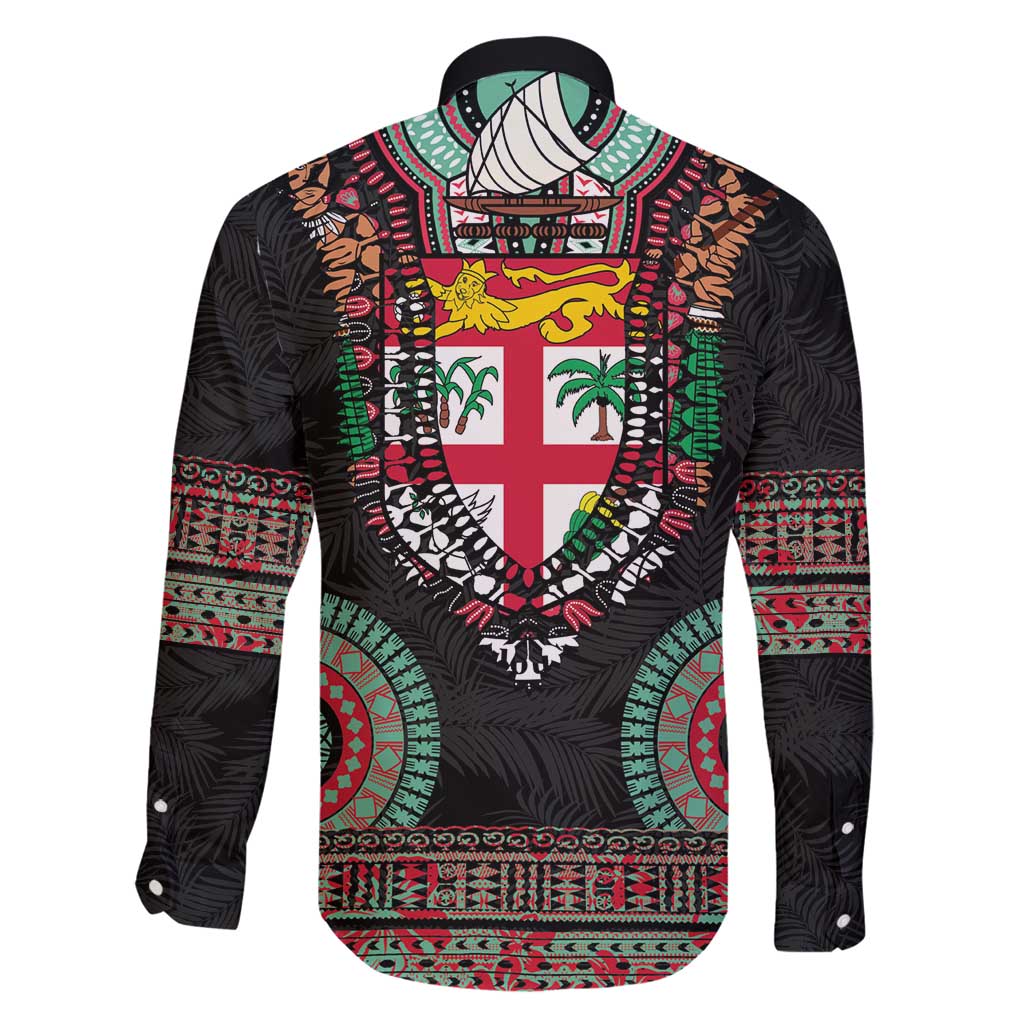 Fiji Coat of Arms Traditional Dashiki Family Matching Summer Maxi Dress and Hawaiian Shirt Tapa Art and Palm Leaves Pattern Black Color LT03 - Polynesian Pride