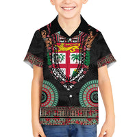 Fiji Coat of Arms Traditional Dashiki Family Matching Summer Maxi Dress and Hawaiian Shirt Tapa Art and Palm Leaves Pattern Black Color LT03 Son's Shirt Black - Polynesian Pride