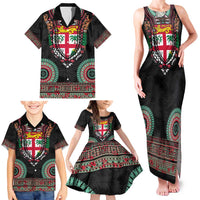 Fiji Coat of Arms Traditional Dashiki Family Matching Tank Maxi Dress and Hawaiian Shirt Tapa Art and Palm Leaves Pattern Black Color LT03 - Polynesian Pride