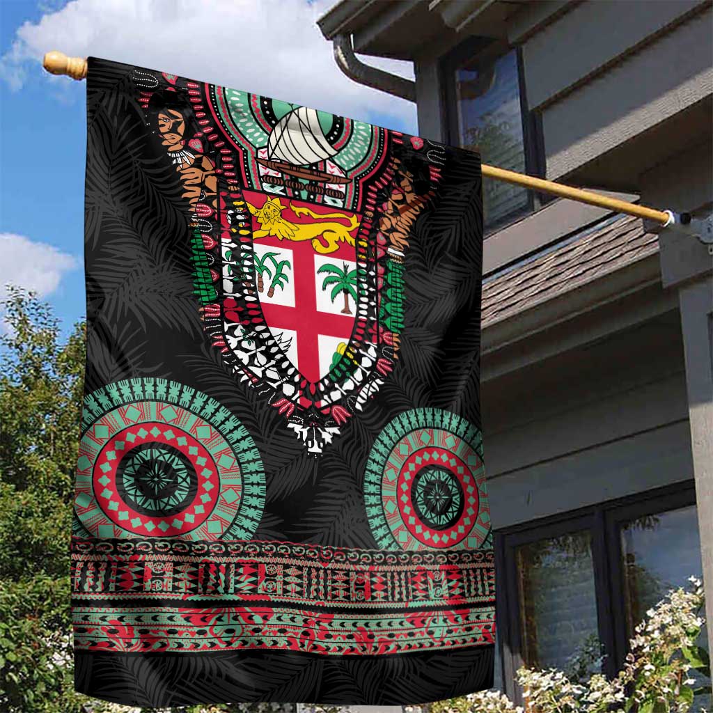 Fiji Coat of Arms Traditional Dashiki Garden Flag Tapa Art and Palm Leaves Pattern Black Color LT03 - Polynesian Pride