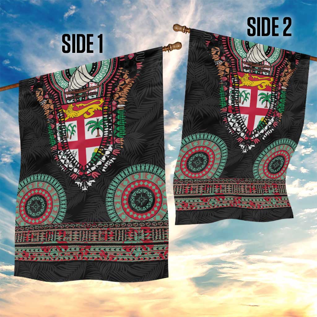 Fiji Coat of Arms Traditional Dashiki Garden Flag Tapa Art and Palm Leaves Pattern Black Color LT03 - Polynesian Pride