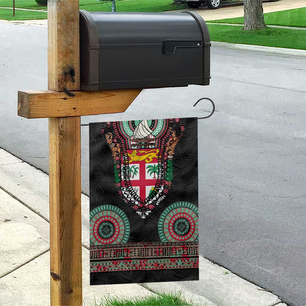 Fiji Coat of Arms Traditional Dashiki Garden Flag Tapa Art and Palm Leaves Pattern Black Color LT03 - Polynesian Pride