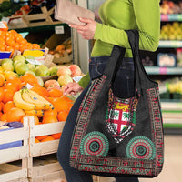 Fiji Coat of Arms Traditional Dashiki Grocery Bag Tapa Art and Palm Leaves Pattern Black Color LT03 - Polynesian Pride