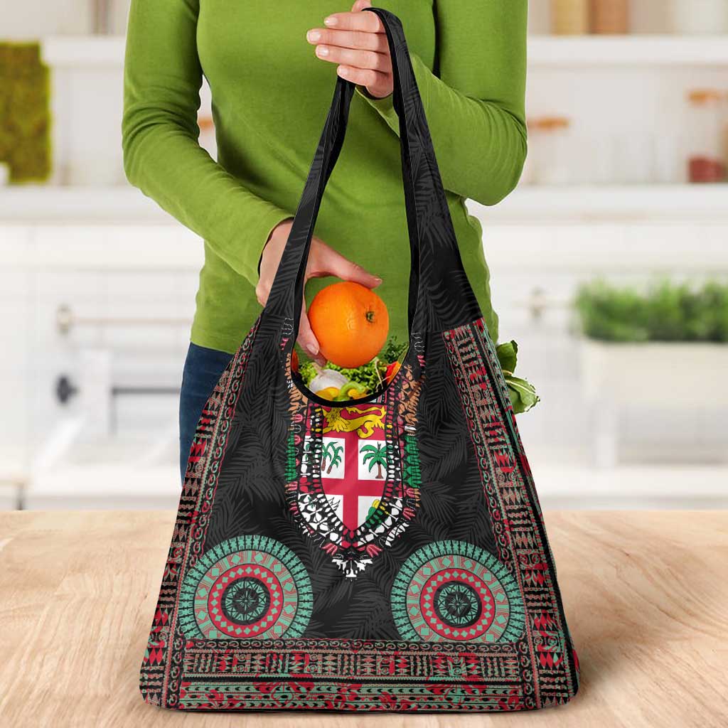 Fiji Coat of Arms Traditional Dashiki Grocery Bag Tapa Art and Palm Leaves Pattern Black Color LT03 - Polynesian Pride