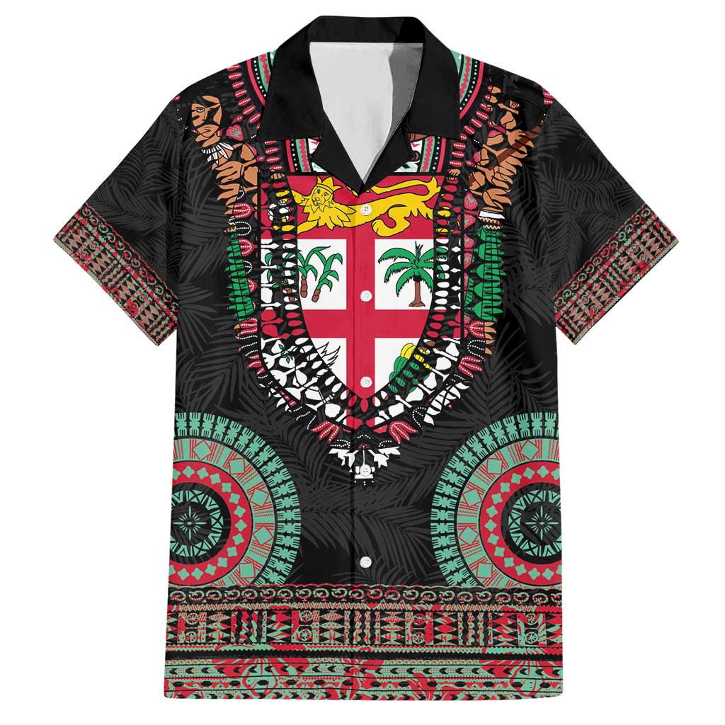 Fiji Coat of Arms Traditional Dashiki Hawaiian Shirt Tapa Art and Palm Leaves Pattern Black Color LT03 Black - Polynesian Pride