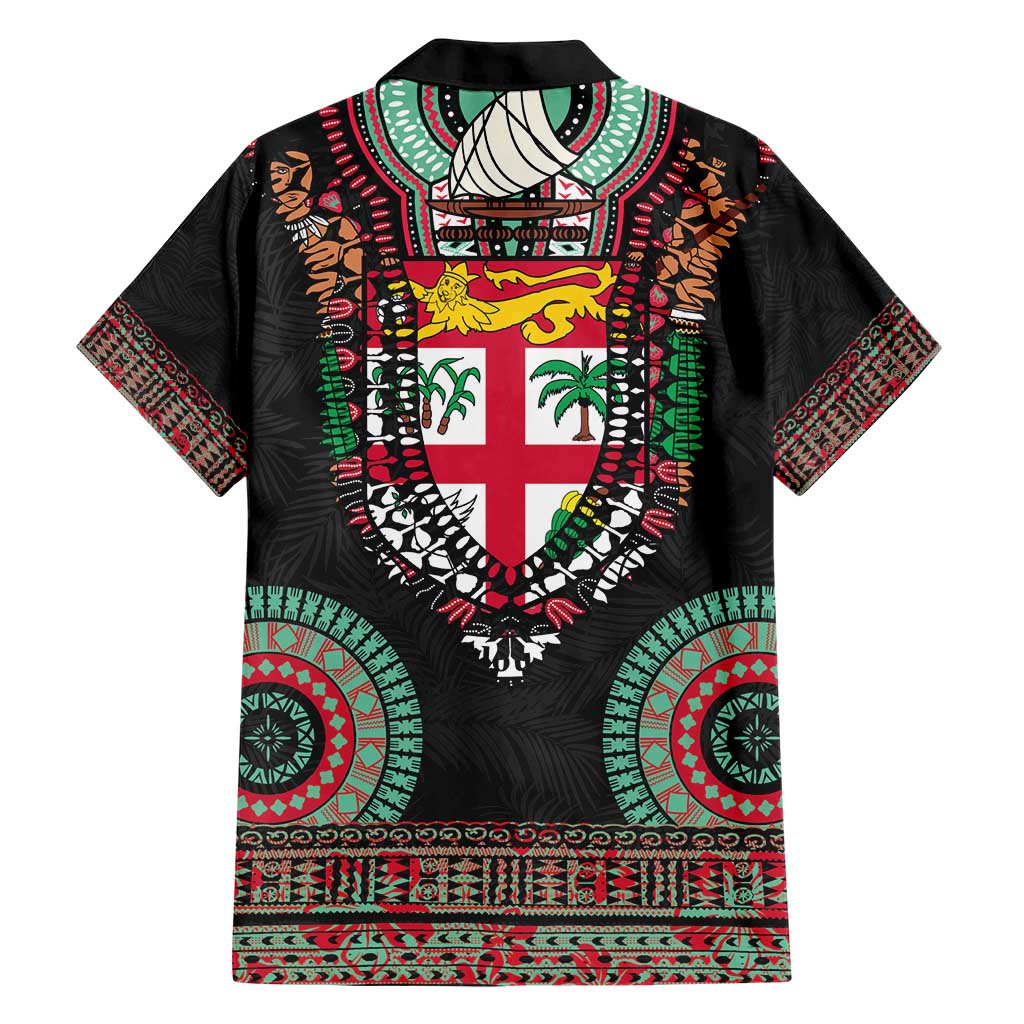 Fiji Coat of Arms Traditional Dashiki Hawaiian Shirt Tapa Art and Palm Leaves Pattern Black Color LT03 - Polynesian Pride