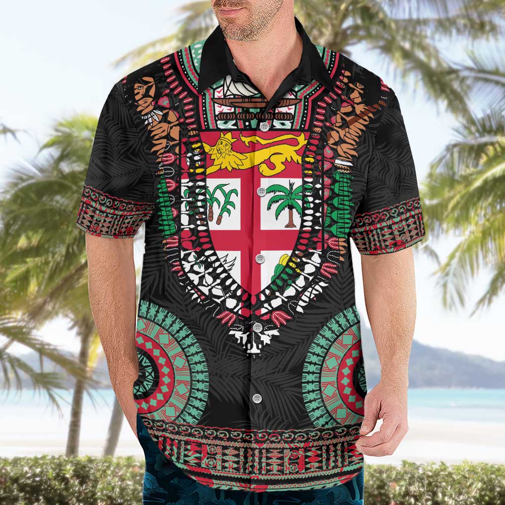 Fiji Coat of Arms Traditional Dashiki Hawaiian Shirt Tapa Art and Palm Leaves Pattern Black Color LT03 - Polynesian Pride