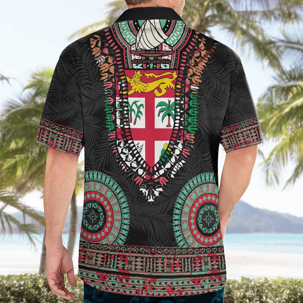Fiji Coat of Arms Traditional Dashiki Hawaiian Shirt Tapa Art and Palm Leaves Pattern Black Color LT03 - Polynesian Pride