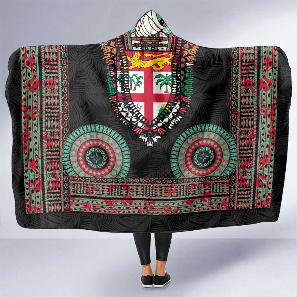 Fiji Coat of Arms Traditional Dashiki Hooded Blanket Tapa Art and Palm Leaves Pattern Black Color LT03 One Size Black - Polynesian Pride