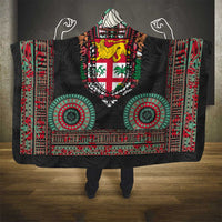 Fiji Coat of Arms Traditional Dashiki Hooded Blanket Tapa Art and Palm Leaves Pattern Black Color LT03 - Polynesian Pride