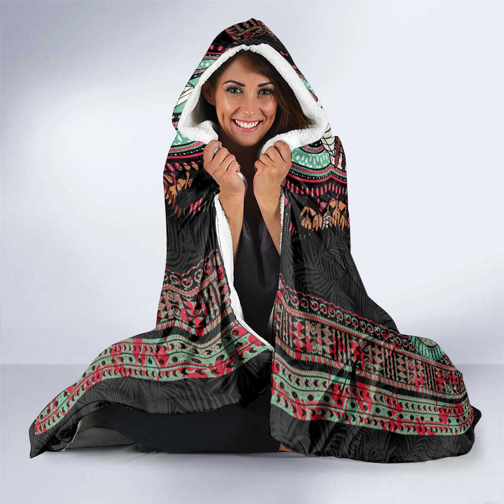 Fiji Coat of Arms Traditional Dashiki Hooded Blanket Tapa Art and Palm Leaves Pattern Black Color LT03 - Polynesian Pride
