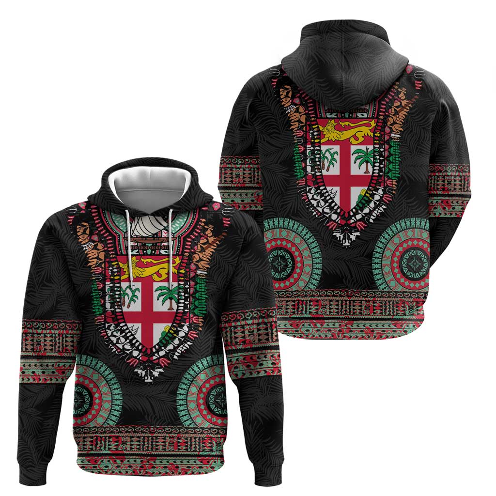 Fiji Coat of Arms Traditional Dashiki Hoodie Tapa Art and Palm Leaves Pattern Black Color LT03 - Polynesian Pride