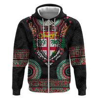 Fiji Coat of Arms Traditional Dashiki Hoodie Tapa Art and Palm Leaves Pattern Black Color LT03 Zip Hoodie Black - Polynesian Pride