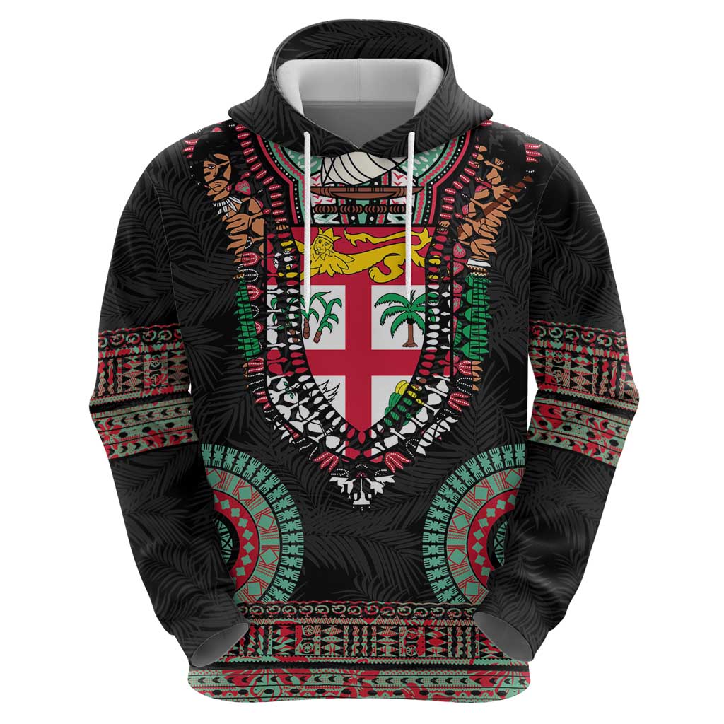 Fiji Coat of Arms Traditional Dashiki Hoodie Tapa Art and Palm Leaves Pattern Black Color LT03 - Polynesian Pride