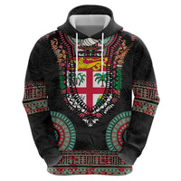 Fiji Coat of Arms Traditional Dashiki Hoodie Tapa Art and Palm Leaves Pattern Black Color LT03 - Polynesian Pride