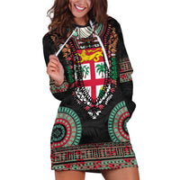 Fiji Coat of Arms Traditional Dashiki Hoodie Dress Tapa Art and Palm Leaves Pattern Black Color LT03 Black - Polynesian Pride