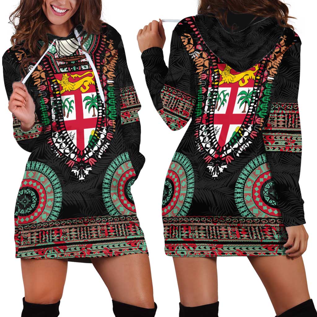 Fiji Coat of Arms Traditional Dashiki Hoodie Dress Tapa Art and Palm Leaves Pattern Black Color LT03 - Polynesian Pride
