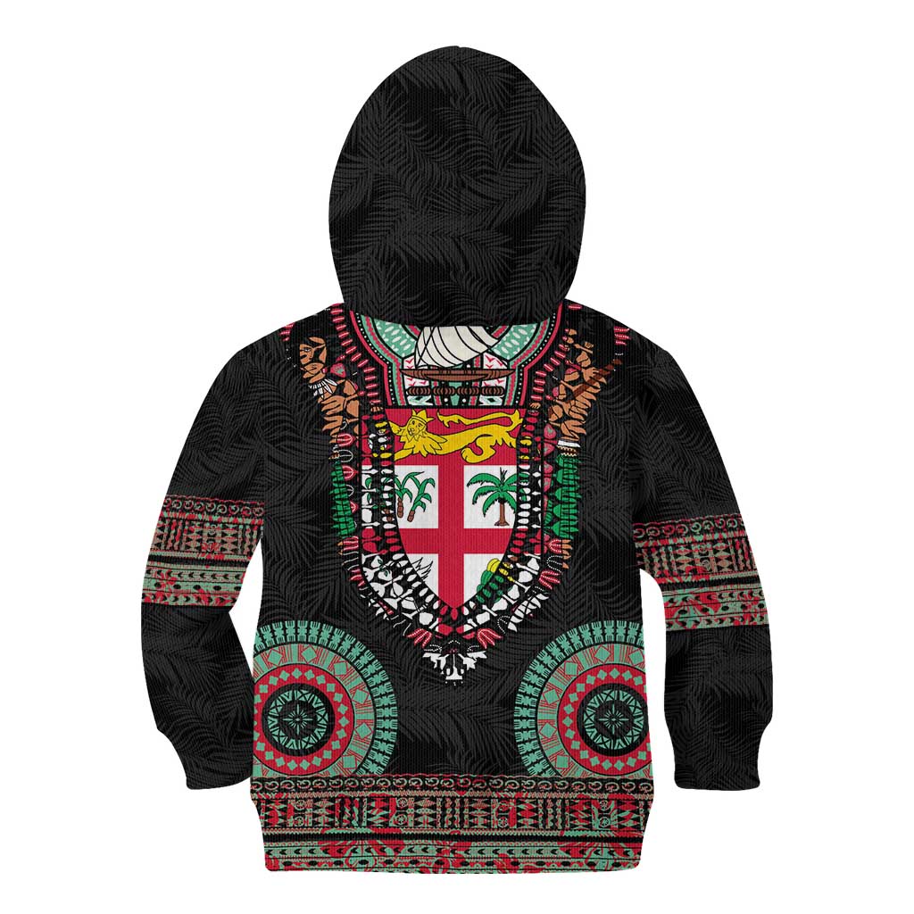Fiji Coat of Arms Traditional Dashiki Kid Hoodie Tapa Art and Palm Leaves Pattern Black Color LT03 - Polynesian Pride