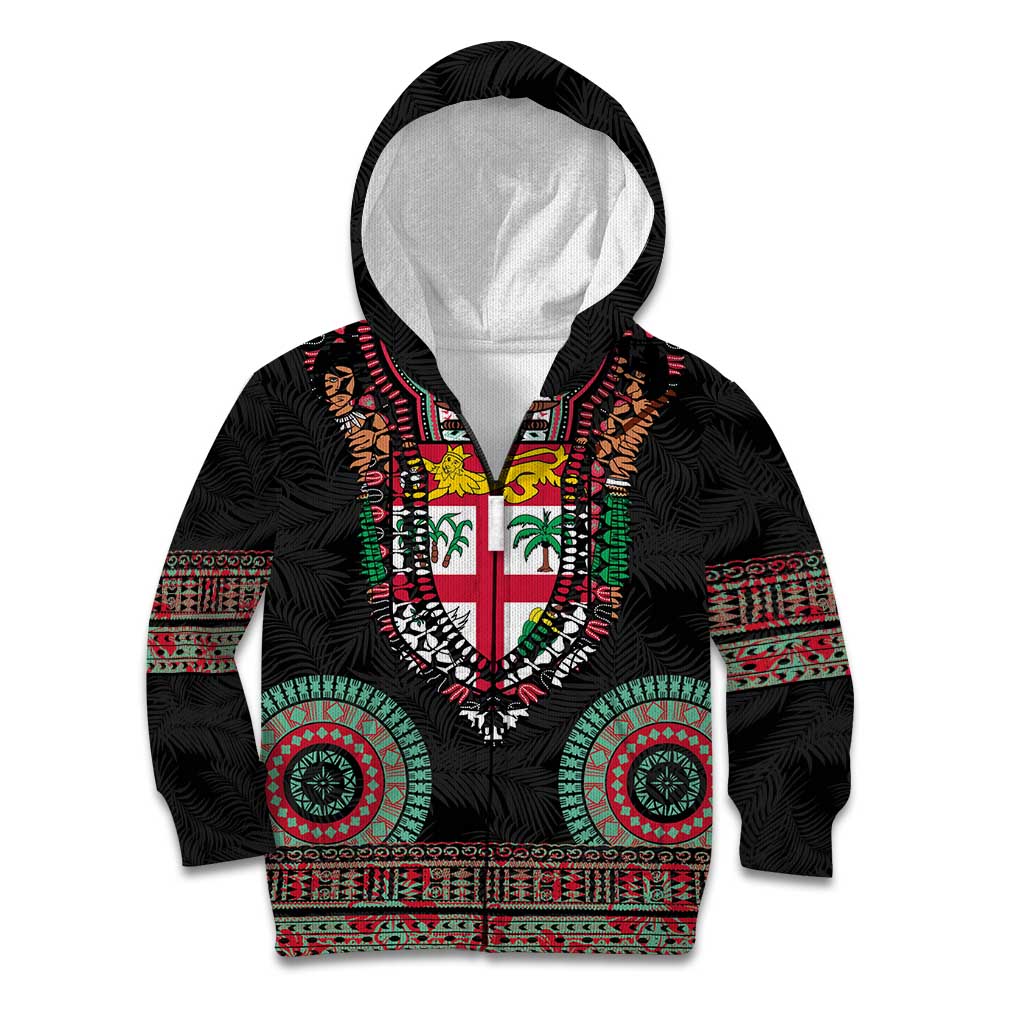 Fiji Coat of Arms Traditional Dashiki Kid Hoodie Tapa Art and Palm Leaves Pattern Black Color LT03 Zip Hoodie Black - Polynesian Pride
