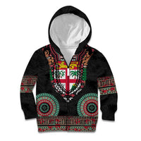 Fiji Coat of Arms Traditional Dashiki Kid Hoodie Tapa Art and Palm Leaves Pattern Black Color LT03 Zip Hoodie Black - Polynesian Pride
