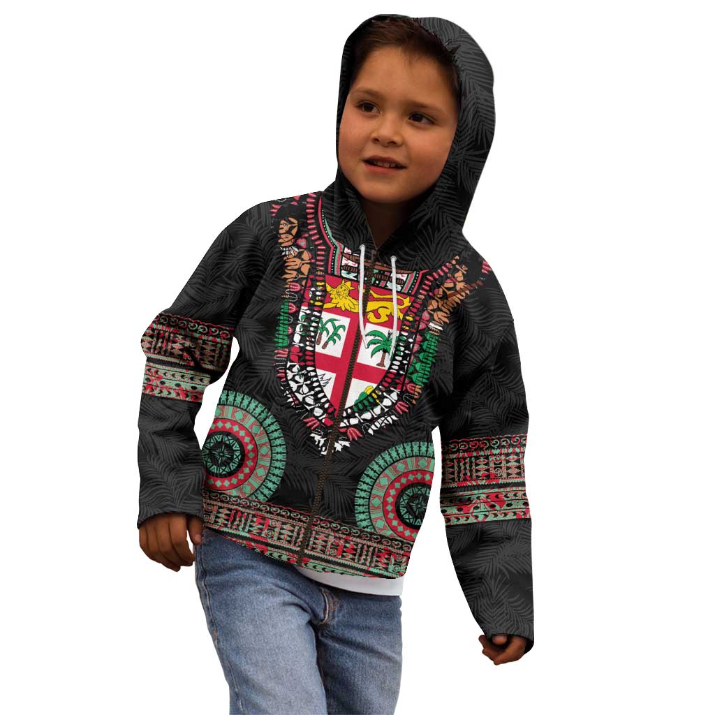 Fiji Coat of Arms Traditional Dashiki Kid Hoodie Tapa Art and Palm Leaves Pattern Black Color LT03 - Polynesian Pride