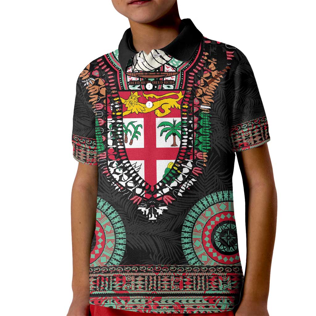 Fiji Coat of Arms Traditional Dashiki Kid Polo Shirt Tapa Art and Palm Leaves Pattern Black Color LT03 Kid Black - Polynesian Pride
