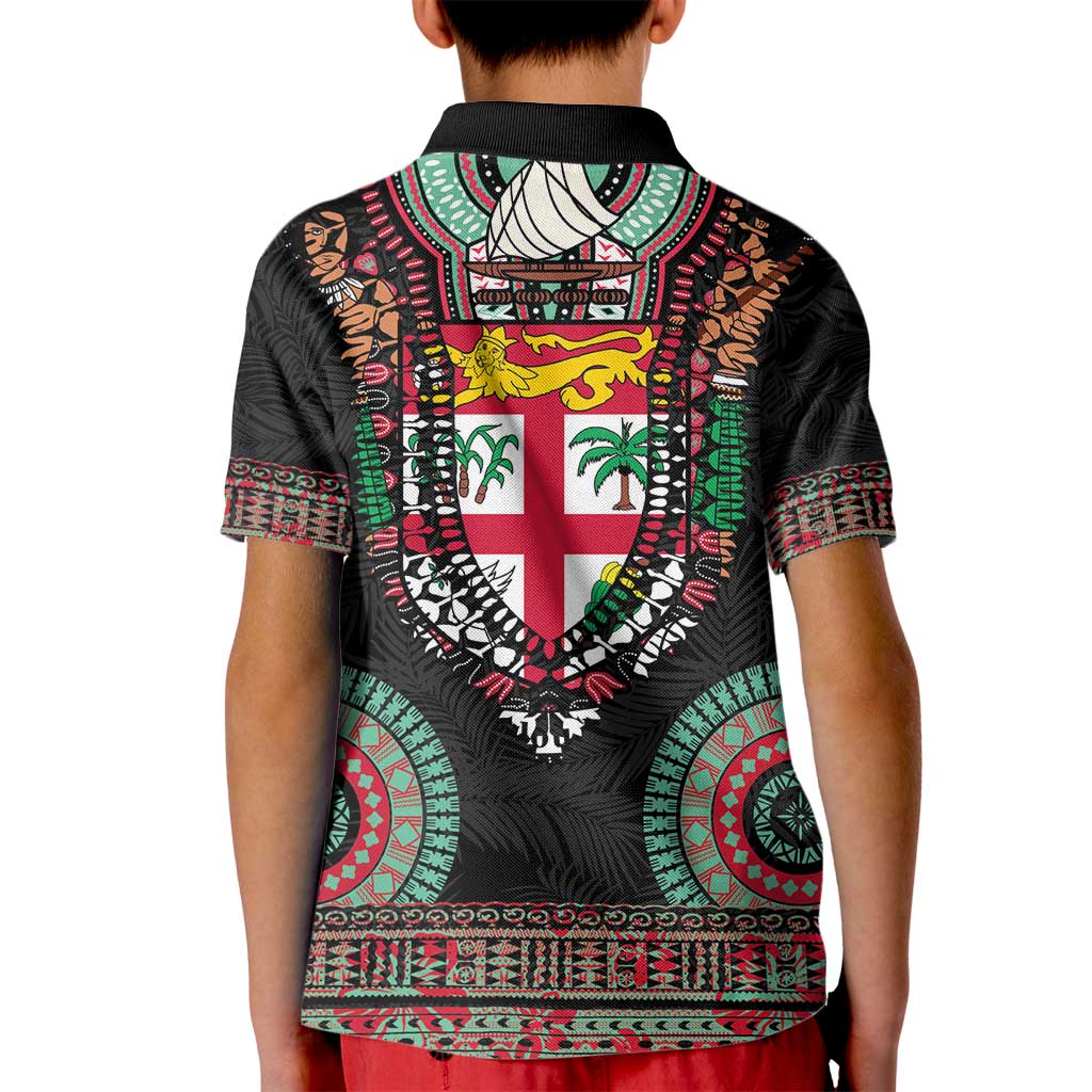 Fiji Coat of Arms Traditional Dashiki Kid Polo Shirt Tapa Art and Palm Leaves Pattern Black Color LT03 - Polynesian Pride