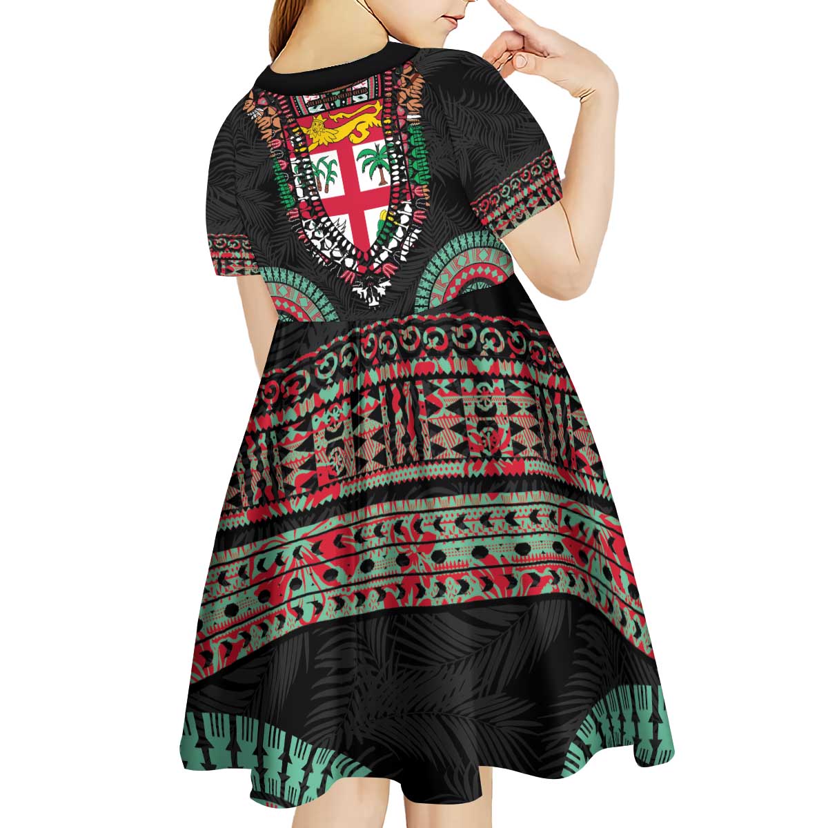 Fiji Coat of Arms Traditional Dashiki Kid Short Sleeve Dress Tapa Art and Palm Leaves Pattern Black Color LT03 - Polynesian Pride