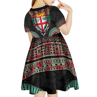 Fiji Coat of Arms Traditional Dashiki Kid Short Sleeve Dress Tapa Art and Palm Leaves Pattern Black Color LT03 - Polynesian Pride
