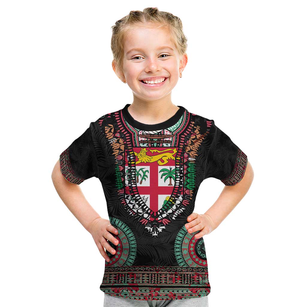 Fiji Coat of Arms Traditional Dashiki Kid T Shirt Tapa Art and Palm Leaves Pattern Black Color LT03 Black - Polynesian Pride