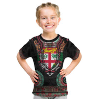 Fiji Coat of Arms Traditional Dashiki Kid T Shirt Tapa Art and Palm Leaves Pattern Black Color LT03 Black - Polynesian Pride