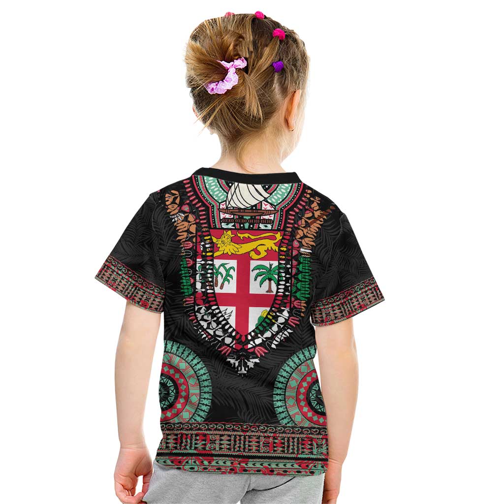 Fiji Coat of Arms Traditional Dashiki Kid T Shirt Tapa Art and Palm Leaves Pattern Black Color LT03 - Polynesian Pride