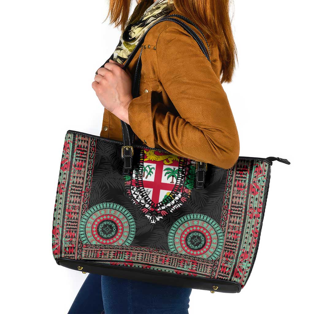 Fiji Coat of Arms Traditional Dashiki Leather Tote Bag Tapa Art and Palm Leaves Pattern Black Color LT03 Black - Polynesian Pride