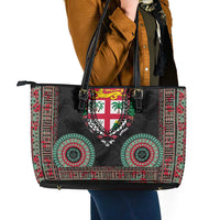 Fiji Coat of Arms Traditional Dashiki Leather Tote Bag Tapa Art and Palm Leaves Pattern Black Color LT03 - Polynesian Pride