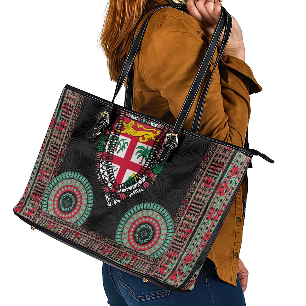 Fiji Coat of Arms Traditional Dashiki Leather Tote Bag Tapa Art and Palm Leaves Pattern Black Color LT03 - Polynesian Pride