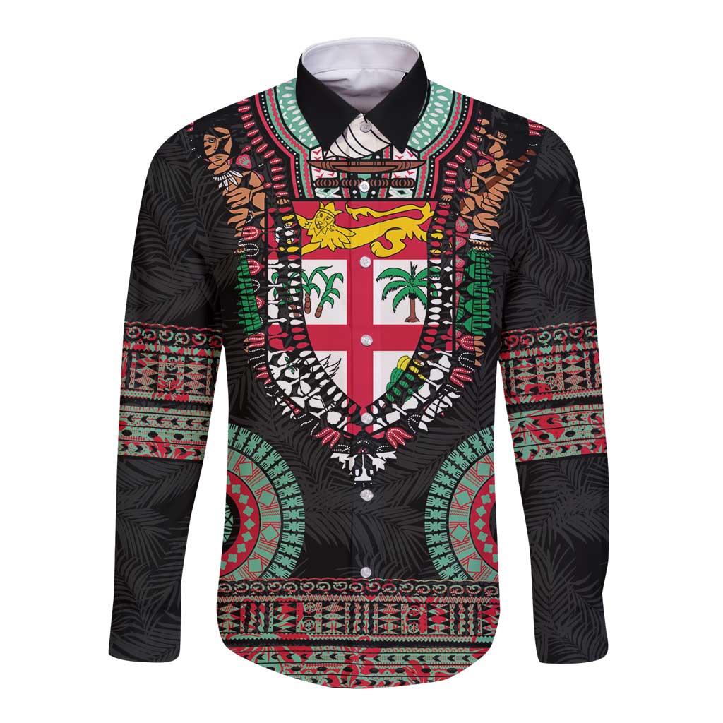 Fiji Coat of Arms Traditional Dashiki Long Sleeve Button Shirt Tapa Art and Palm Leaves Pattern Black Color LT03 Unisex Black - Polynesian Pride