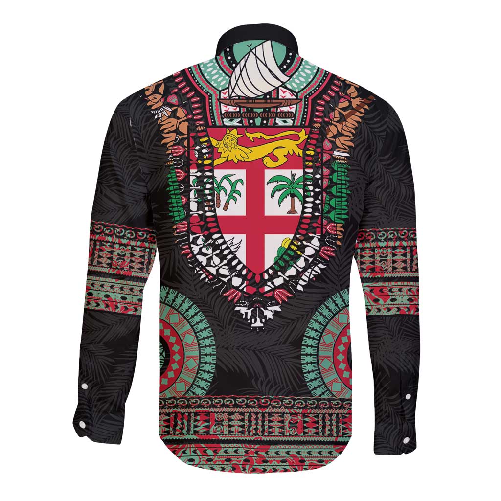 Fiji Coat of Arms Traditional Dashiki Long Sleeve Button Shirt Tapa Art and Palm Leaves Pattern Black Color LT03 - Polynesian Pride