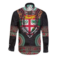 Fiji Coat of Arms Traditional Dashiki Long Sleeve Button Shirt Tapa Art and Palm Leaves Pattern Black Color LT03 - Polynesian Pride