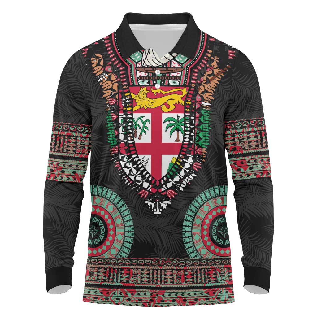 Fiji Coat of Arms Traditional Dashiki Long Sleeve Polo Shirt Tapa Art and Palm Leaves Pattern Black Color LT03 Black - Polynesian Pride
