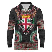 Fiji Coat of Arms Traditional Dashiki Long Sleeve Polo Shirt Tapa Art and Palm Leaves Pattern Black Color LT03 Black - Polynesian Pride
