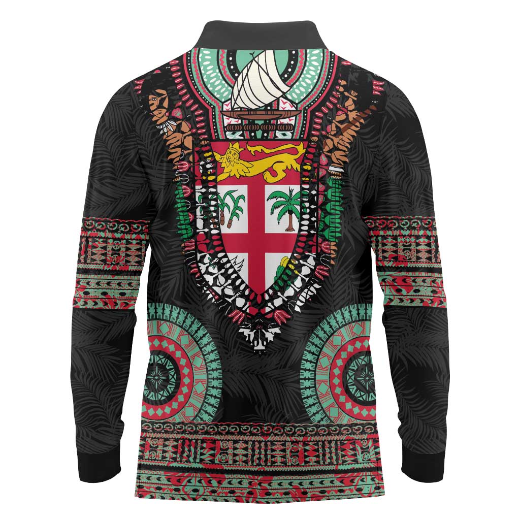 Fiji Coat of Arms Traditional Dashiki Long Sleeve Polo Shirt Tapa Art and Palm Leaves Pattern Black Color LT03 - Polynesian Pride