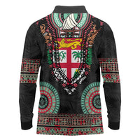 Fiji Coat of Arms Traditional Dashiki Long Sleeve Polo Shirt Tapa Art and Palm Leaves Pattern Black Color LT03 - Polynesian Pride