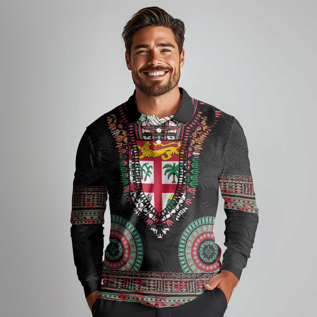Fiji Coat of Arms Traditional Dashiki Long Sleeve Polo Shirt Tapa Art and Palm Leaves Pattern Black Color LT03 - Polynesian Pride