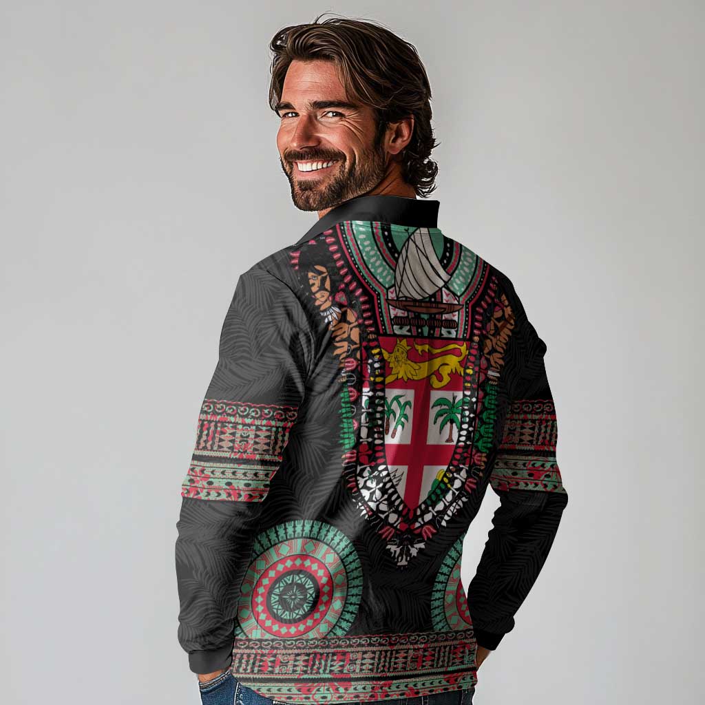 Fiji Coat of Arms Traditional Dashiki Long Sleeve Polo Shirt Tapa Art and Palm Leaves Pattern Black Color LT03 - Polynesian Pride