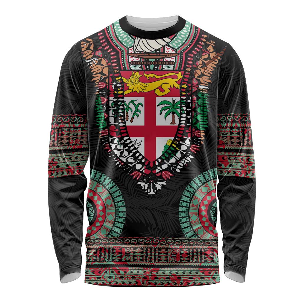 Fiji Coat of Arms Traditional Dashiki Long Sleeve Shirt Tapa Art and Palm Leaves Pattern Black Color LT03 Unisex Black - Polynesian Pride