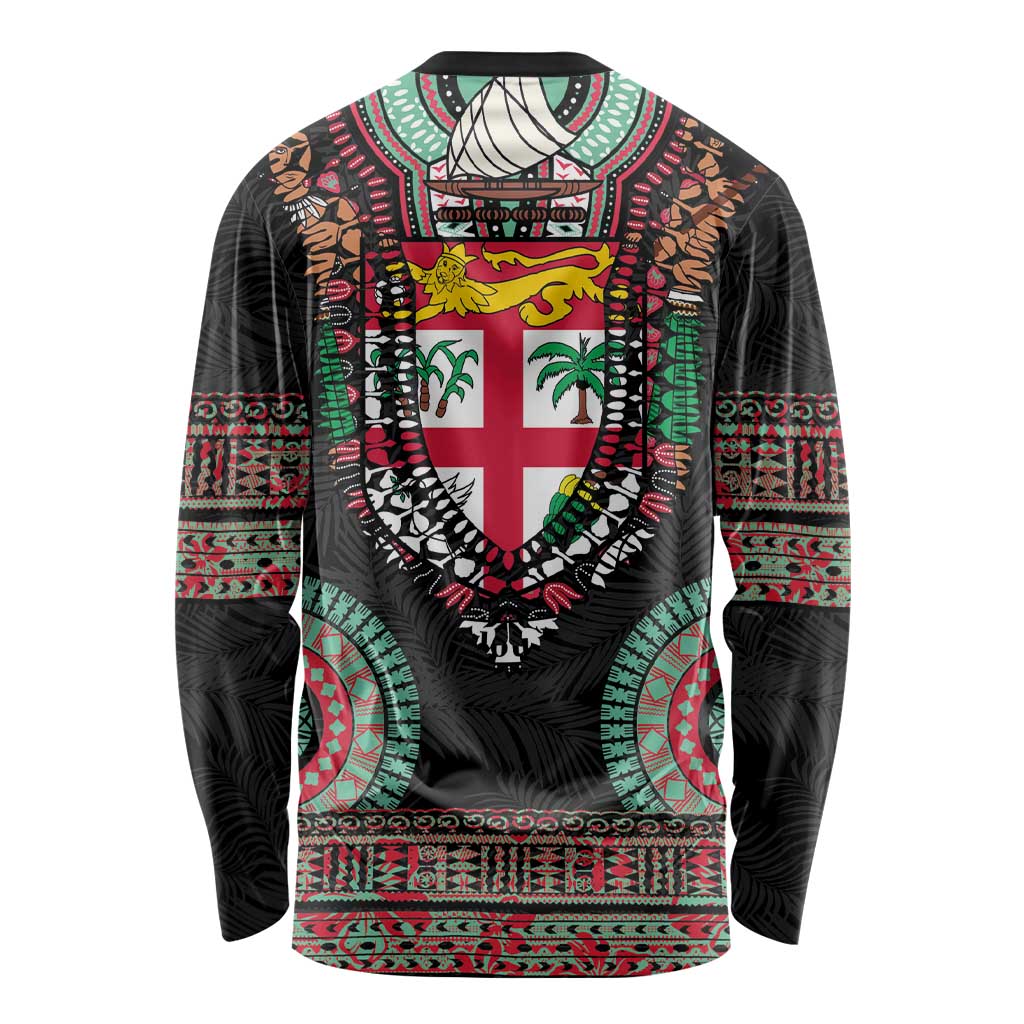 Fiji Coat of Arms Traditional Dashiki Long Sleeve Shirt Tapa Art and Palm Leaves Pattern Black Color LT03 - Polynesian Pride