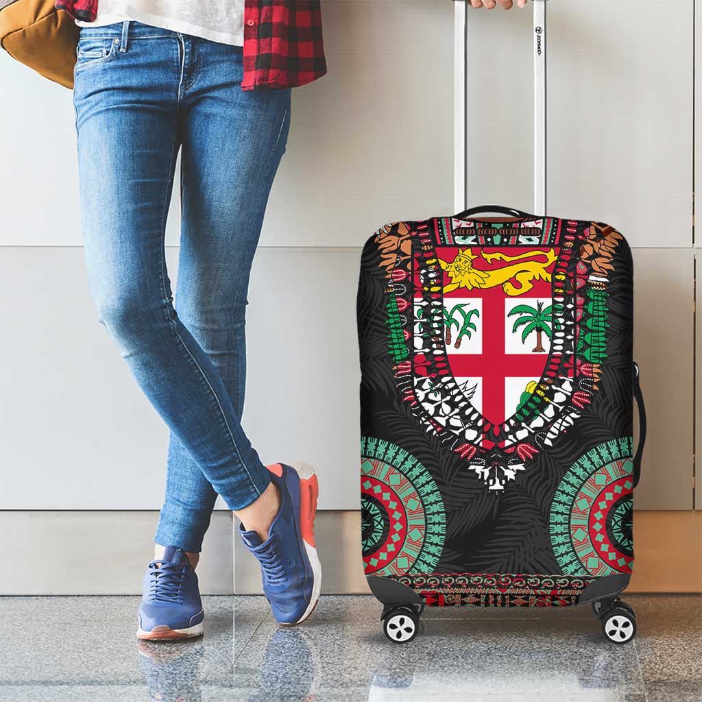 Fiji Coat of Arms Traditional Dashiki Luggage Cover Tapa Art and Palm Leaves Pattern Black Color LT03 - Polynesian Pride