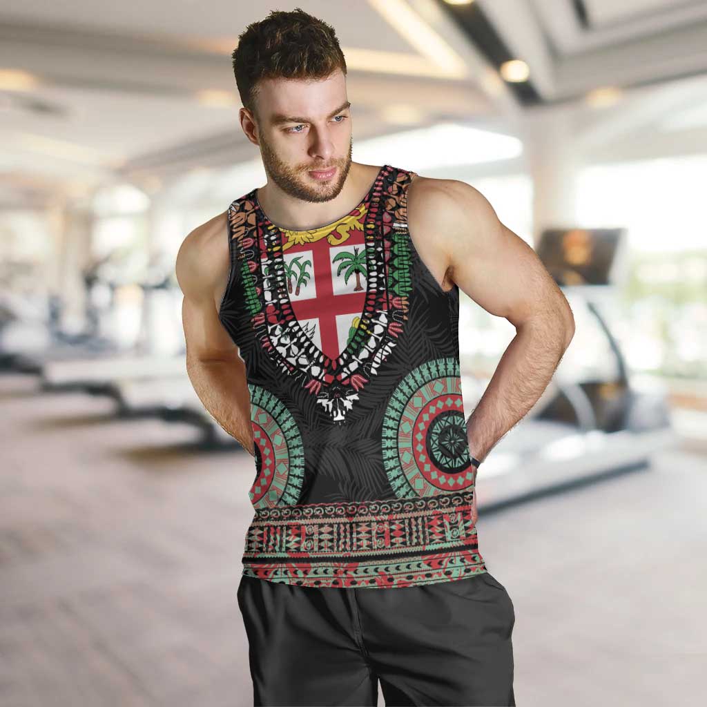 Fiji Coat of Arms Traditional Dashiki Men Tank Top Tapa Art and Palm Leaves Pattern Black Color LT03 Black - Polynesian Pride